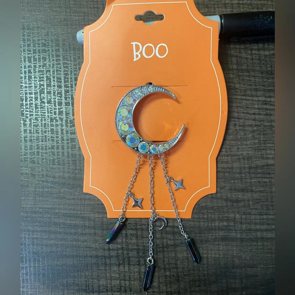 Halloween Silver Moon Dangle Hair Clip Barrette, Crescent‎ Moon Rhinestones NWT